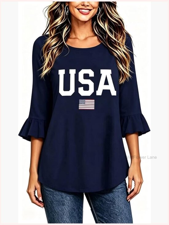 Tops - Patriotic Flowy Tunic Blouse 3/4 Bell Sleeve Ruffle Sleeve Casual Top